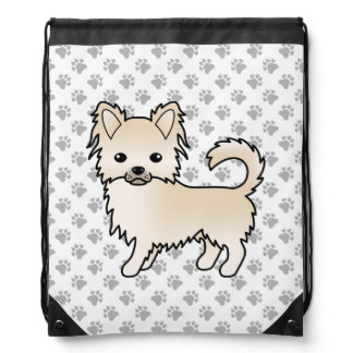 Cream Long Coat Chihuahua Cartoon Dog &amp; Paws Drawstring Bag