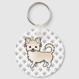 Cream Long Coat Chihuahua Cartoon Dog & Paws Keychain