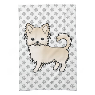 Cream Long Coat Chihuahua Cartoon Dog &amp; Paws Kitchen Towel