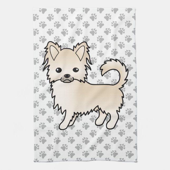 Cream Long Coat Chihuahua Cartoon Dog & Paws Kitchen Towel (Vertical)