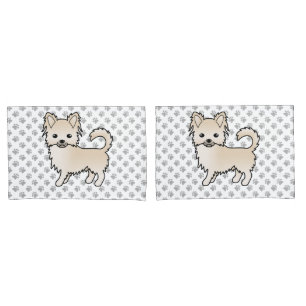 Cream Long Coat Chihuahua Cartoon Dog & Paws Pillow Case