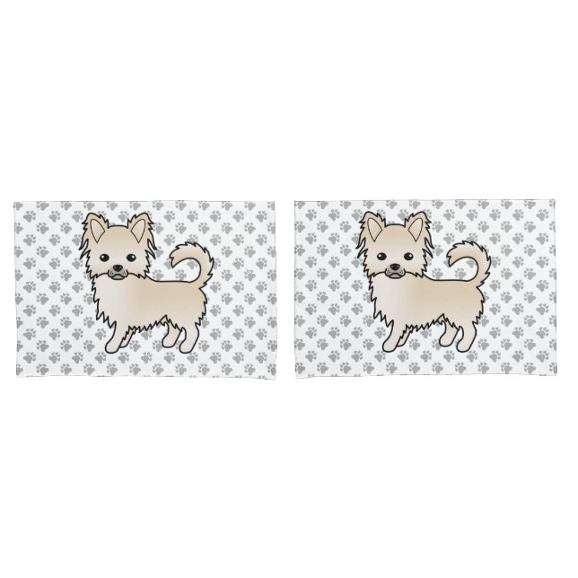 Cream Long Coat Chihuahua Cartoon Dog & Paws Pillow Case (Front-Set)