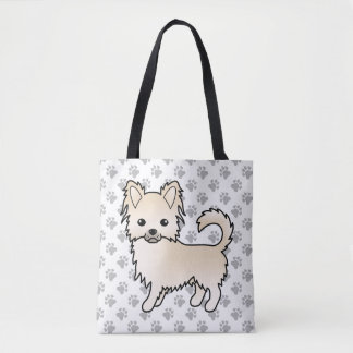 Cream Long Coat Chihuahua Cartoon Dog &amp; Paws Tote Bag