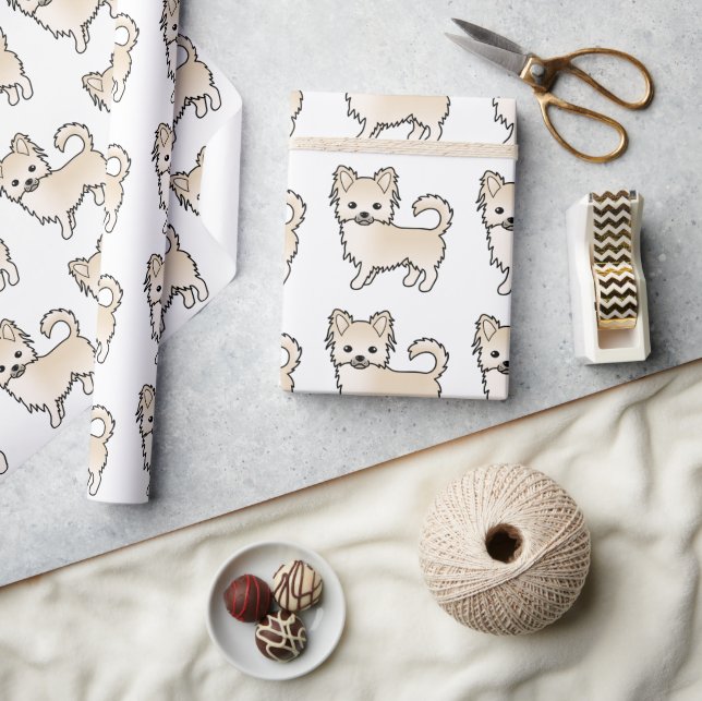 Cream Long Coat Chihuahua Cute Dog Pattern Wrapping Paper (Crafts)