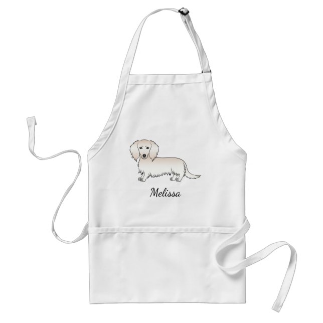 Cream Long Hair Dachshund Cute Cartoon Dog & Name Adult Apron (Front)