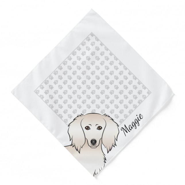 Cream Long Hair Dachshund Cute Cartoon Dog & Name Bandana (Front)