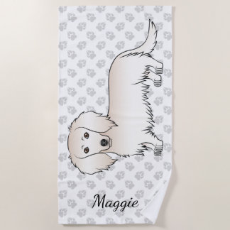 Cream Long Hair Dachshund Cute Cartoon Dog &amp; Name Beach Towel