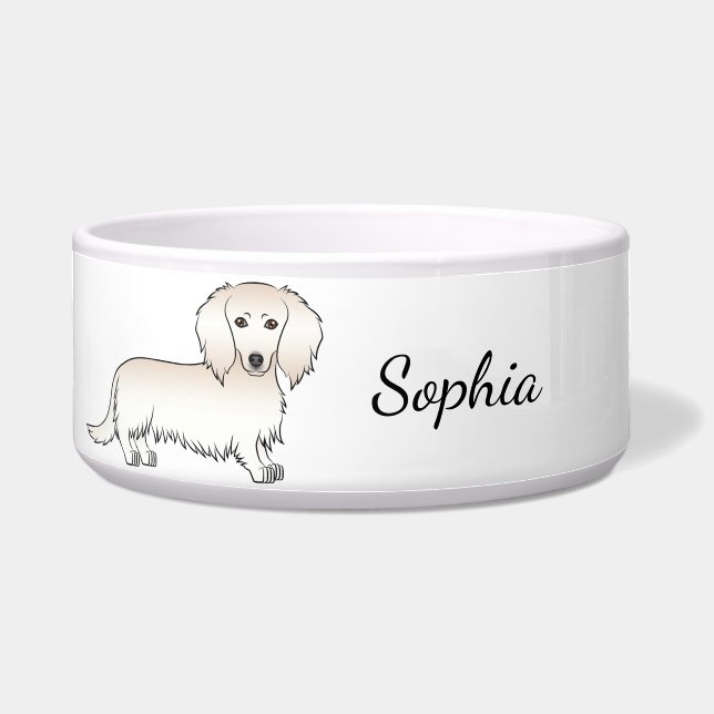 Cream Long Hair Dachshund Cute Cartoon Dog & Name Bowl (Front)