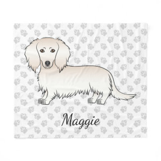 Cream Long Hair Dachshund Cute Cartoon Dog &amp; Name Fleece Blanket