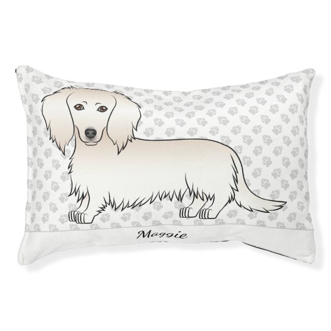Cream Long Hair Dachshund Cute Cartoon Dog & Name Pet Bed (Front)