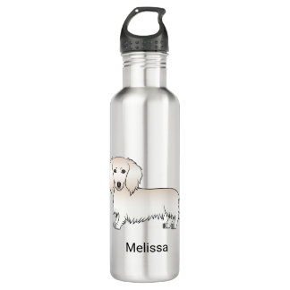 Cream Long Hair Dachshund Cute Cartoon Dog &amp; Name Stainless Steel Water Bottle