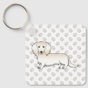 Cream Long Hair Dachshund Cute Cartoon Dog & Paws Keychain