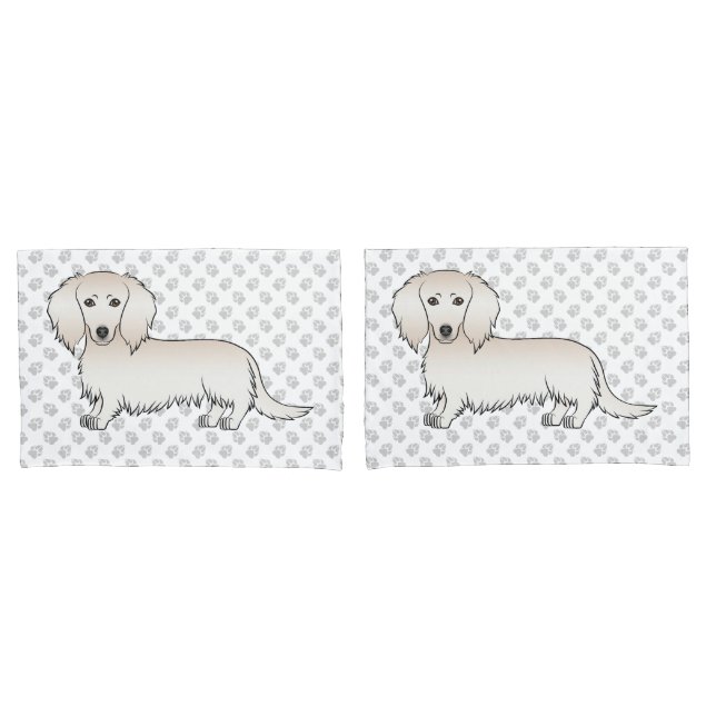 Cream Long Hair Dachshund Cute Cartoon Dog & Paws Pillow Case (Front-Set)