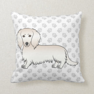 Cream Long Hair Dachshund Cute Cartoon Dog &amp; Paws Throw Pillow