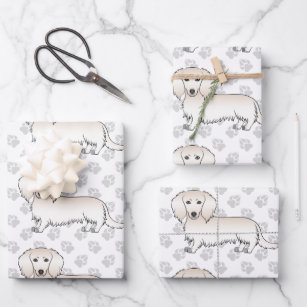 Cream Long Hair Dachshund Cute Dog Pattern & Paws Wrapping Paper Sheets
