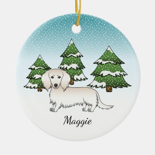 Cream Long Hair Dachshund Cute Dog _ Winter Forest Ceramic Ornament
