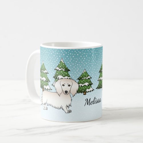 Cream Long Hair Dachshund Cute Dog _ Winter Forest Coffee Mug