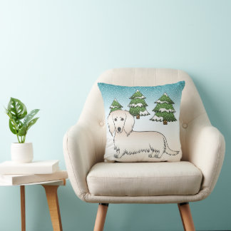 Cream Long Hair Dachshund Cute Dog - Winter Forest Throw Pillow