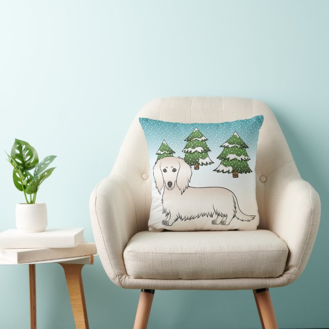 Cream Long Hair Dachshund Cute Dog - Winter Forest Throw Pillow (Chair)