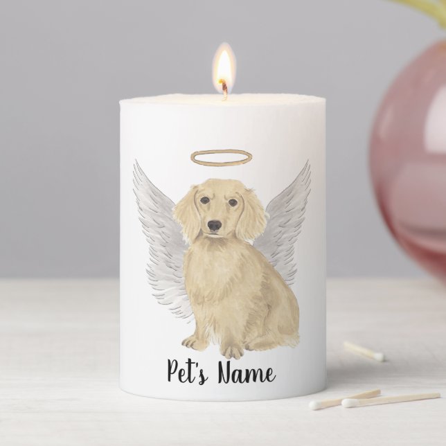 Cream Long Haired Dachshund Sympathy Memorial Pillar Candle (In Situ)