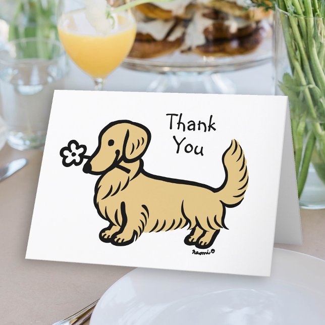 Cream Long Haired Dachshund Tiny Flower Letterpress Thank You Card (Long Haired Cream Dachshund Tiny Flower Thank You Card for Doxie owners.  Cute Dog Cartoon.)