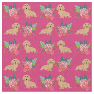 Cream longhaired Dachshund magenta florals Fabric