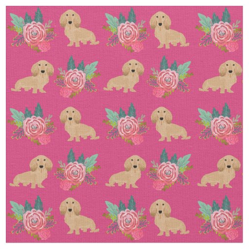 Cream longhaired Dachshund magenta florals Fabric