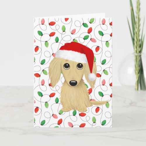 Cream Longhaired Dachshund Santa Dog Christmas Holiday Card