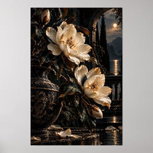 Cream Magnolia Blossoms in Moonlit Garden Wall Art