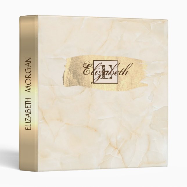 Cream  Marble,Gold Brush Stroke, Monogram 3 Ring Binder (Front/Spine)