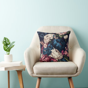 Cream, Mauve, and Blue Floral Throw Pillow