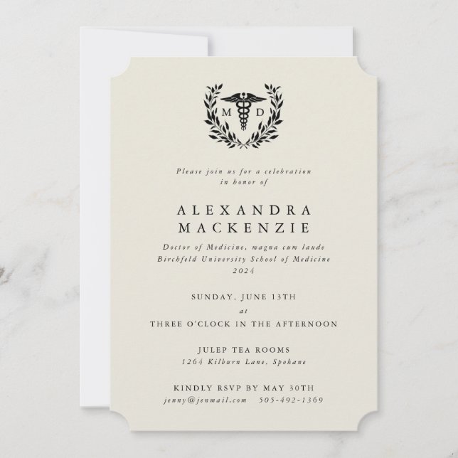 Cream MD Caduceus + Laurel Wreath Graduation Invitation (Front)