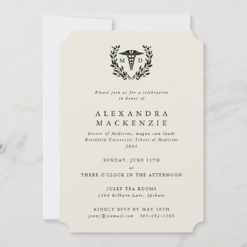 Cream MD Caduceus  Laurel Wreath Graduation Invitation