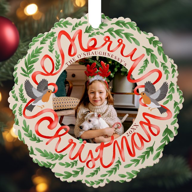 Cream Merry Christmas Folk Foliage Wreath Photo Ornament Card (Creator Uploaded)
