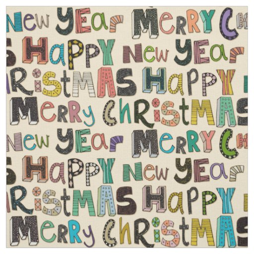 cream merry christmas happy new year fabric