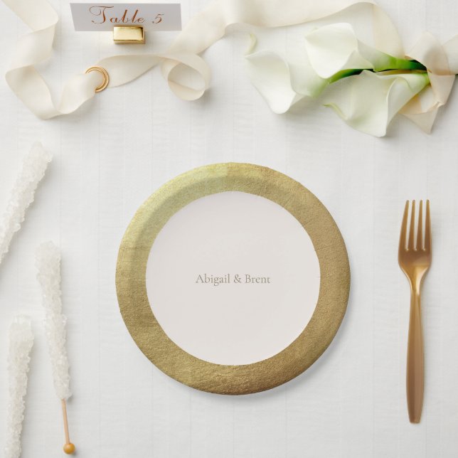 Cream & Metallic Gold Image Simple Wedding Paper Plates (Wedding)