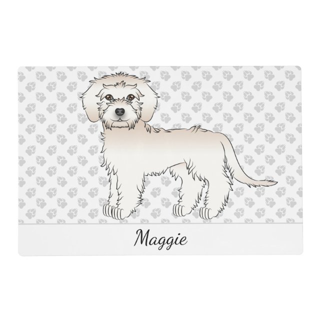 Cream Mini Goldendoodle Cartoon Dog & Name Placemat (Front)