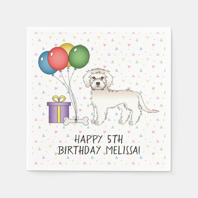 Cream Mini Goldendoodle Cute Cartoon Dog Birthday Napkins (Front)