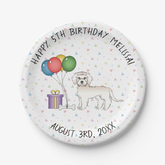 Cream Mini Goldendoodle Cute Cartoon Dog Birthday Paper Plates (Front)