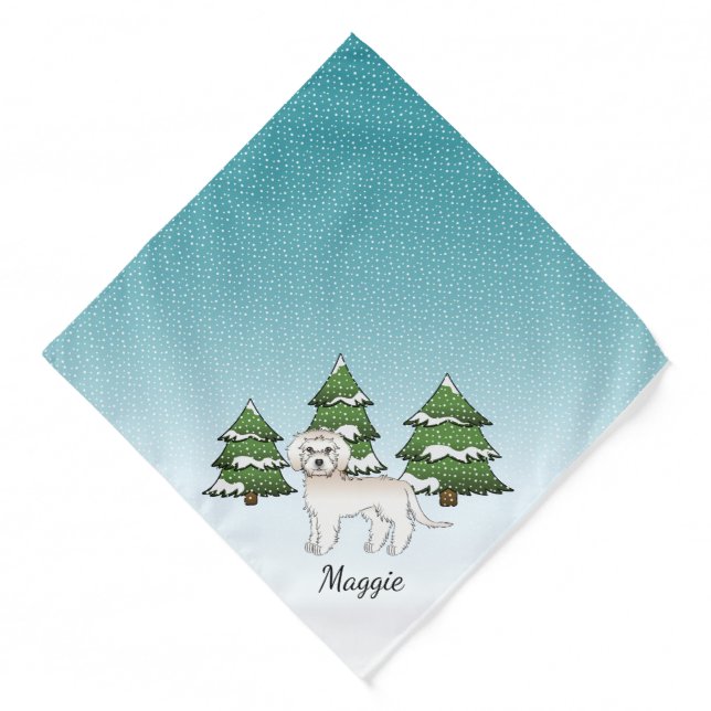 Cream Mini Goldendoodle Dog In A Winter Forest Bandana (Front)