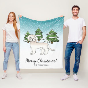 Cream Mini Goldendoodle Dog In A Winter Forest Fleece Blanket