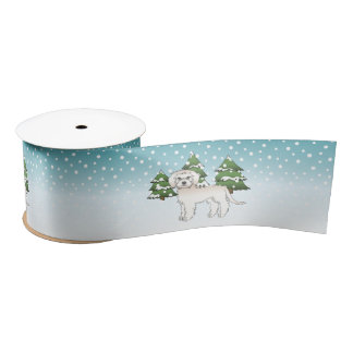 Cream Mini Goldendoodle Dog In A Winter Forest Satin Ribbon