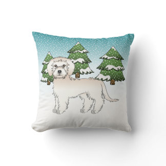 Cream Mini Goldendoodle Dog In A Winter Forest Throw Pillow