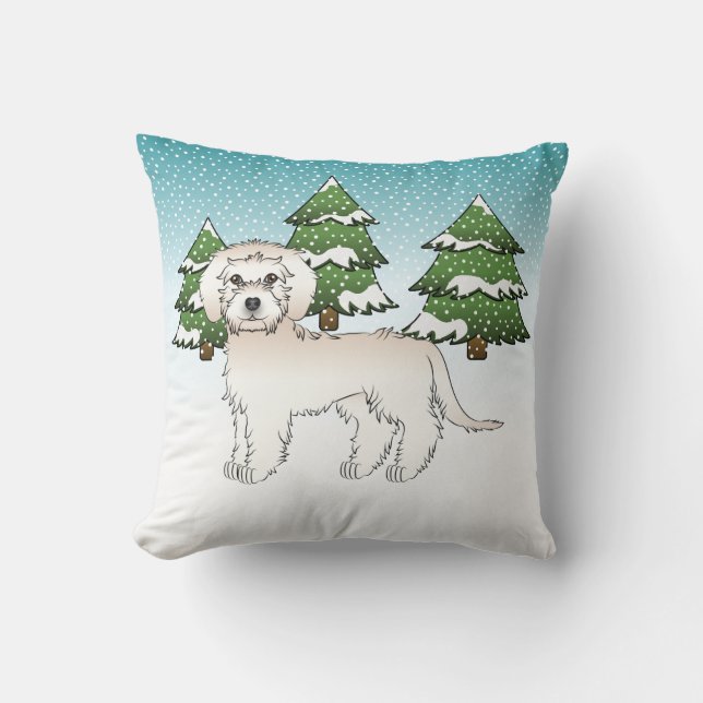 Cream Mini Goldendoodle Dog In A Winter Forest Throw Pillow (Front)