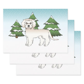 Cream Mini Goldendoodle Dog In A Winter Forest Wrapping Paper Sheets
