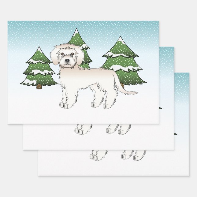 Cream Mini Goldendoodle Dog In A Winter Forest Wrapping Paper Sheets (Set)