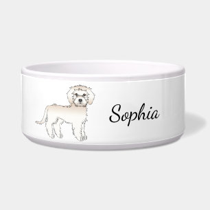 Cream Mini Goldendoodle Dog Standing & Name Bowl