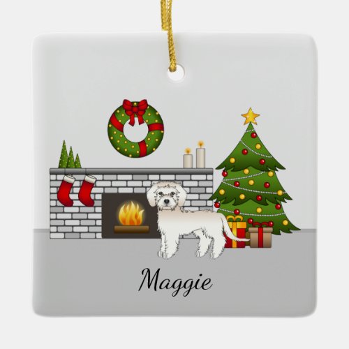 Cream Mini Goldendoodle _ Festive Christmas Room Ceramic Ornament