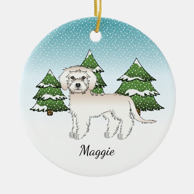 Cream Mini Goldendoodle - Winter Forest & Name Ceramic Ornament (Front)