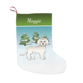 Cream Mini Goldendoodle - Winter Forest &amp; Name Small Christmas Stocking